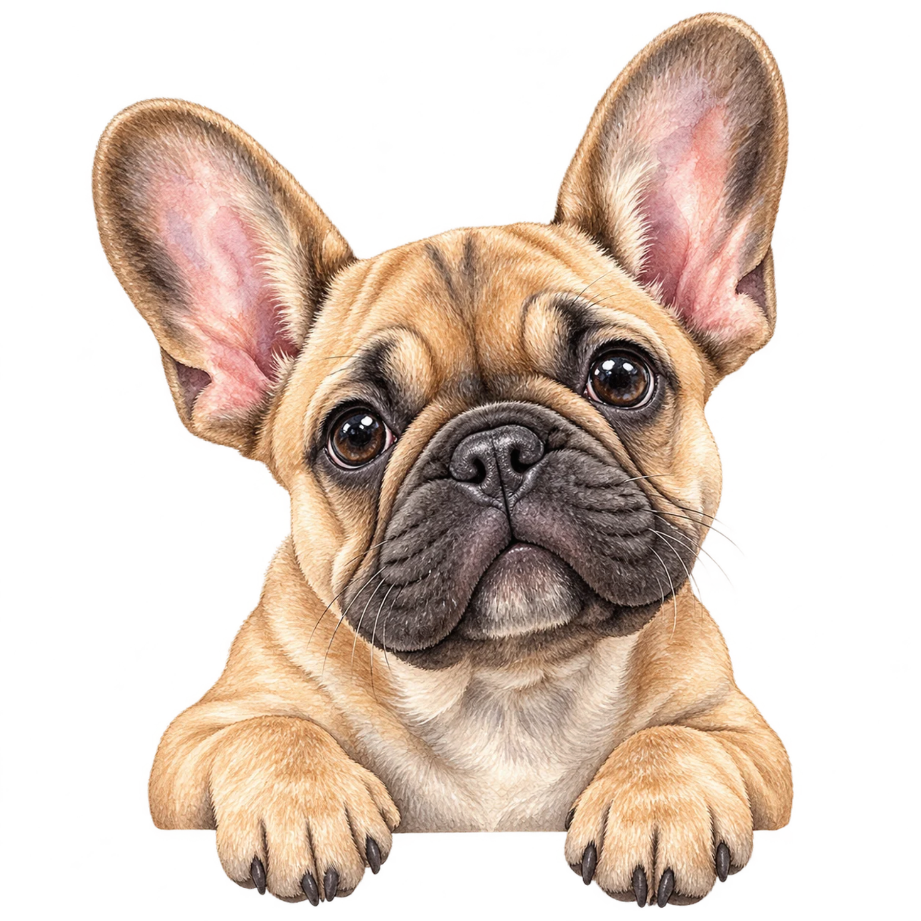 Fawn French Bulldog peeking forward with large upright ears and expressive brown eyes.