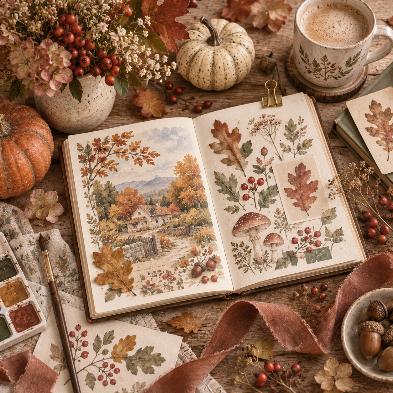 A softly seasonal vignette that can rotate later — for launch, probably autumn since we’re heading into fall: leaves, pumpkin, berries, cozy mug, and artwork.