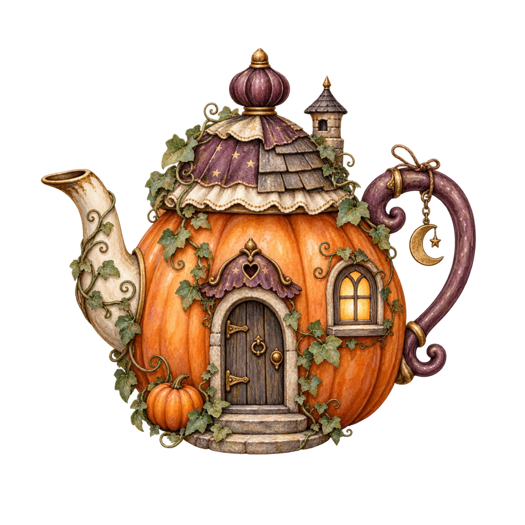 Whimsical watercolor pumpkin-shaped Halloween teapot house with crooked roof, tiny door, and playful autumn details