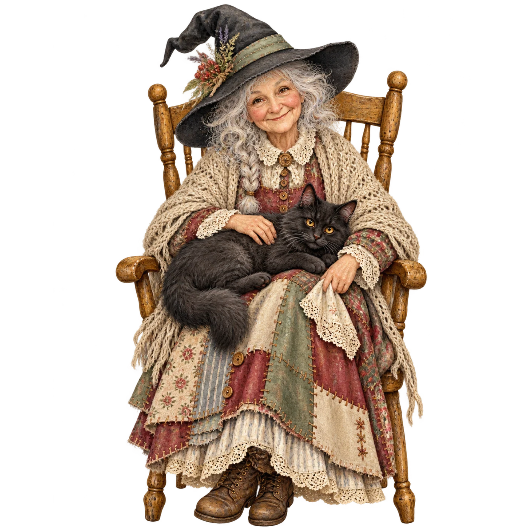 Full-length watercolor vintage witch with weathered hat, layered cottage dress, broom, black cat, and rustic Halloween details