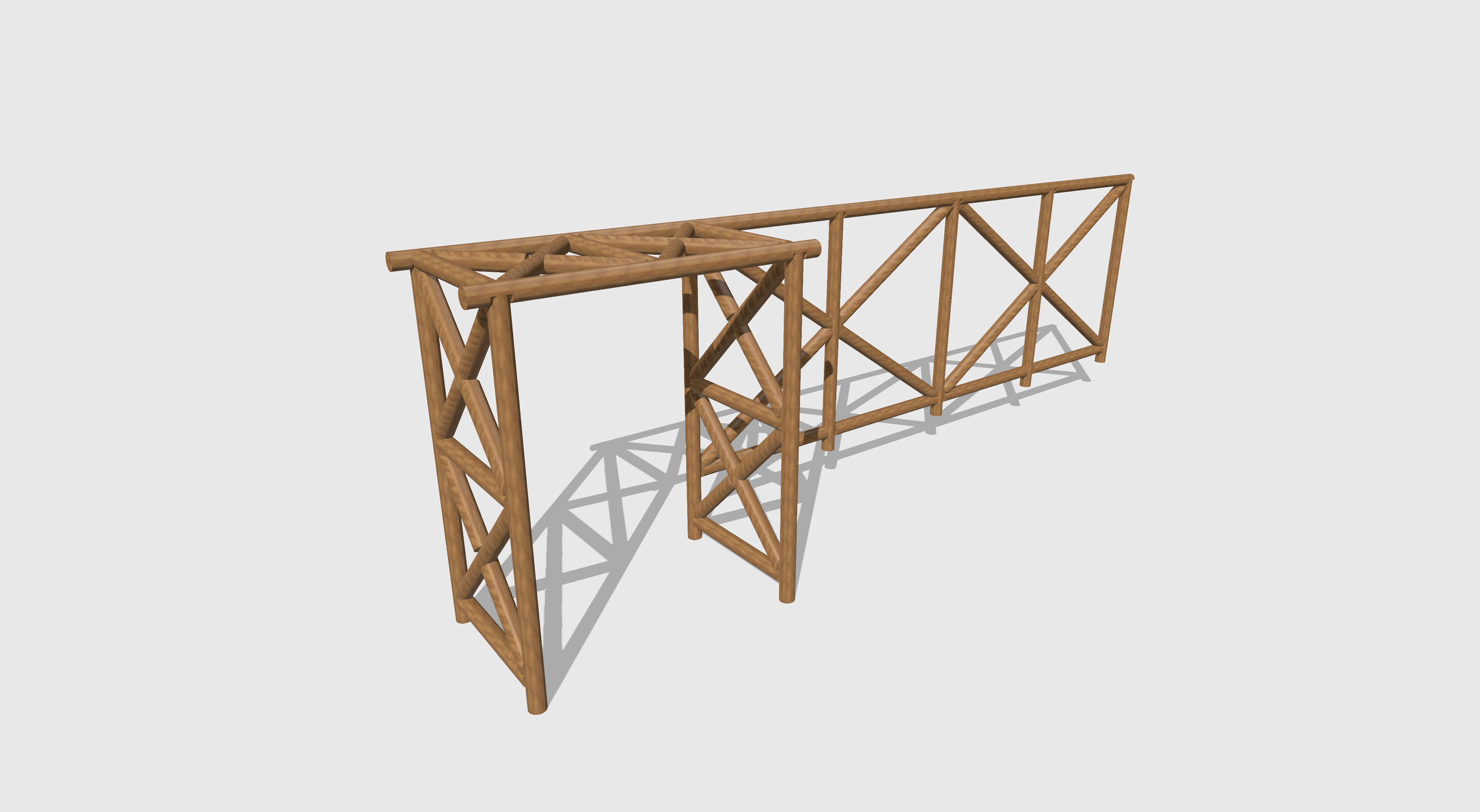 Pergola-style arbour with integrated support made from 100mm machined round treated timber with cross-lap joints for cross-bracing. The rounded timber gives a softer, more country style feel and the cross-bracing design is a nod to a more traditional