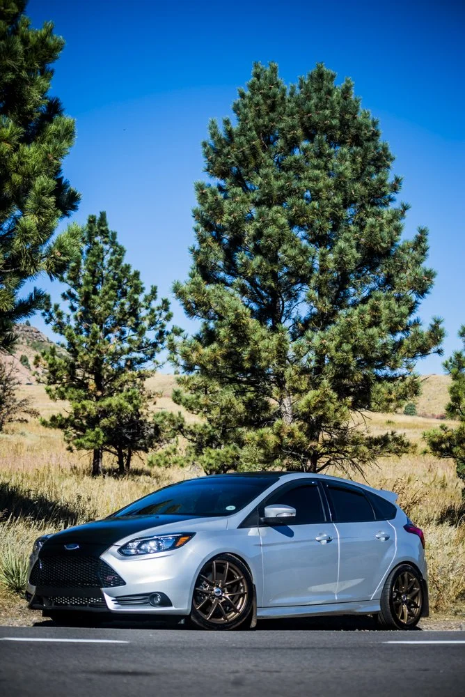 A silver compact hatchback car parked on the side of a road in front of green pine trees and a grassy landscape under a clear blue sky.
