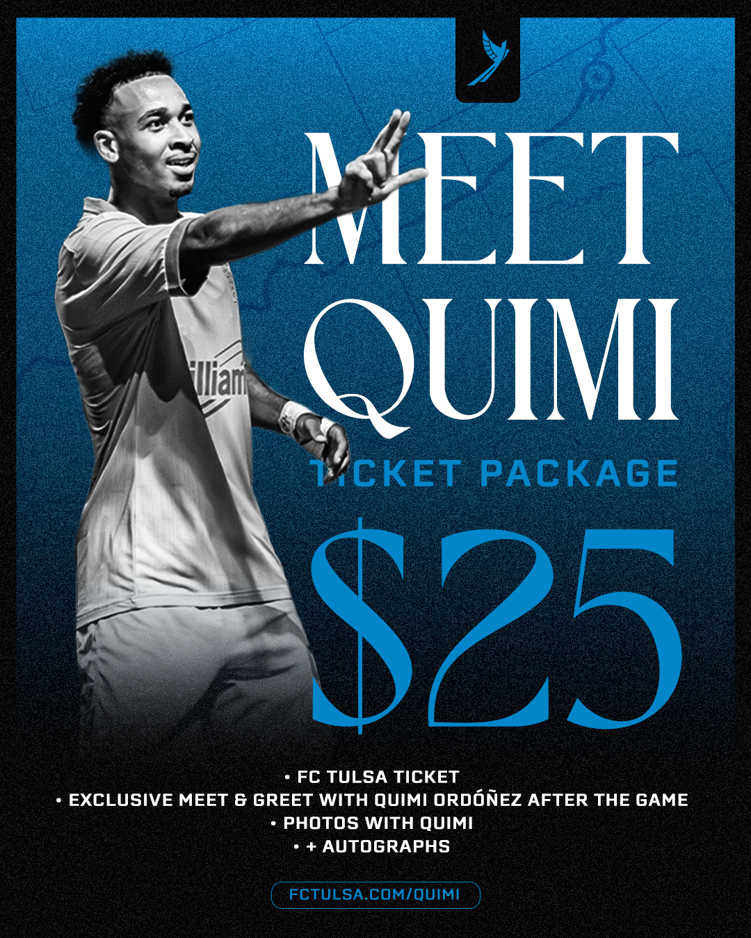 A promotional poster for a meet and greet with Quimi, featuring a black and white image of Quimi in a soccer uniform on a blue background, with large text stating 'Meet Quimi,' a ticket price of $25, and details about the event including a ticket link.
