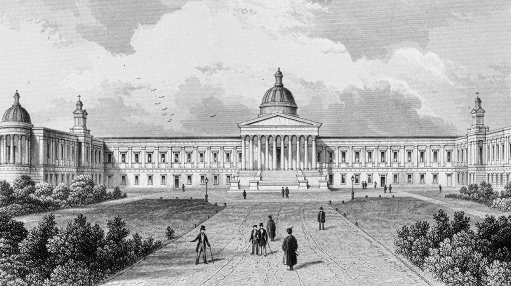 Historical black-and-white illustration of a classical government building with a central dome, columns, and symmetrical wings, with people walking on a pathway leading to the entrance, surrounded by trees and bushes.