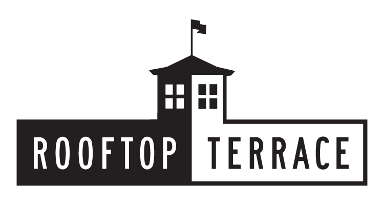 Logo with a house featuring a rooftop flag and windows, with the words 'Rooftop Terrace' below, separated by a line.