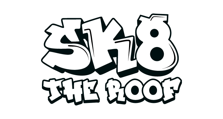 Graffiti-style logo with the text 'Sk8' and 'The Roof' in bold, black and white letters.
