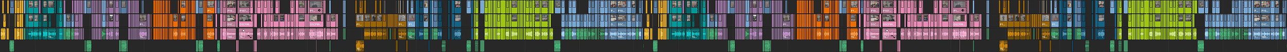 A computer screen displaying a colorful, detailed digital audio editing timeline with various tracks and waveforms.
