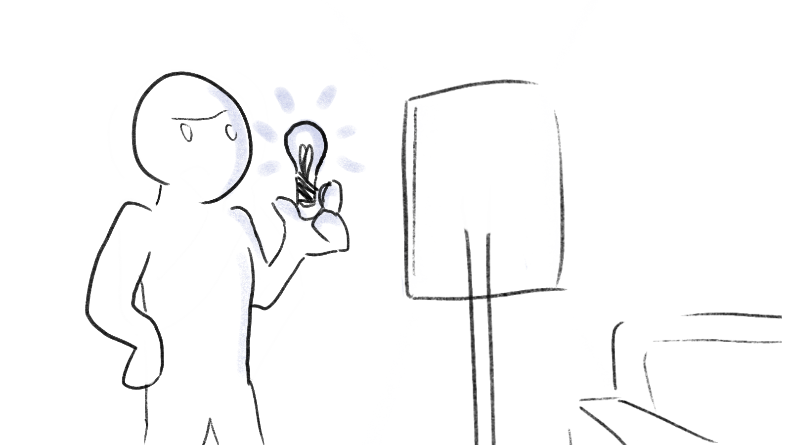 A simple sketch of a person holding a light bulb and looking at a television.