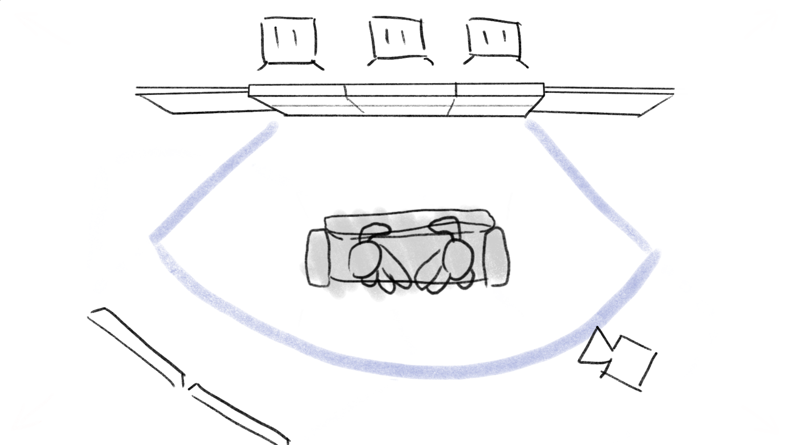 A sketch of a baseball field with a batter at home plate, a pitcher on the mound, and three empty bases, with the field outlined and some seating areas visible.