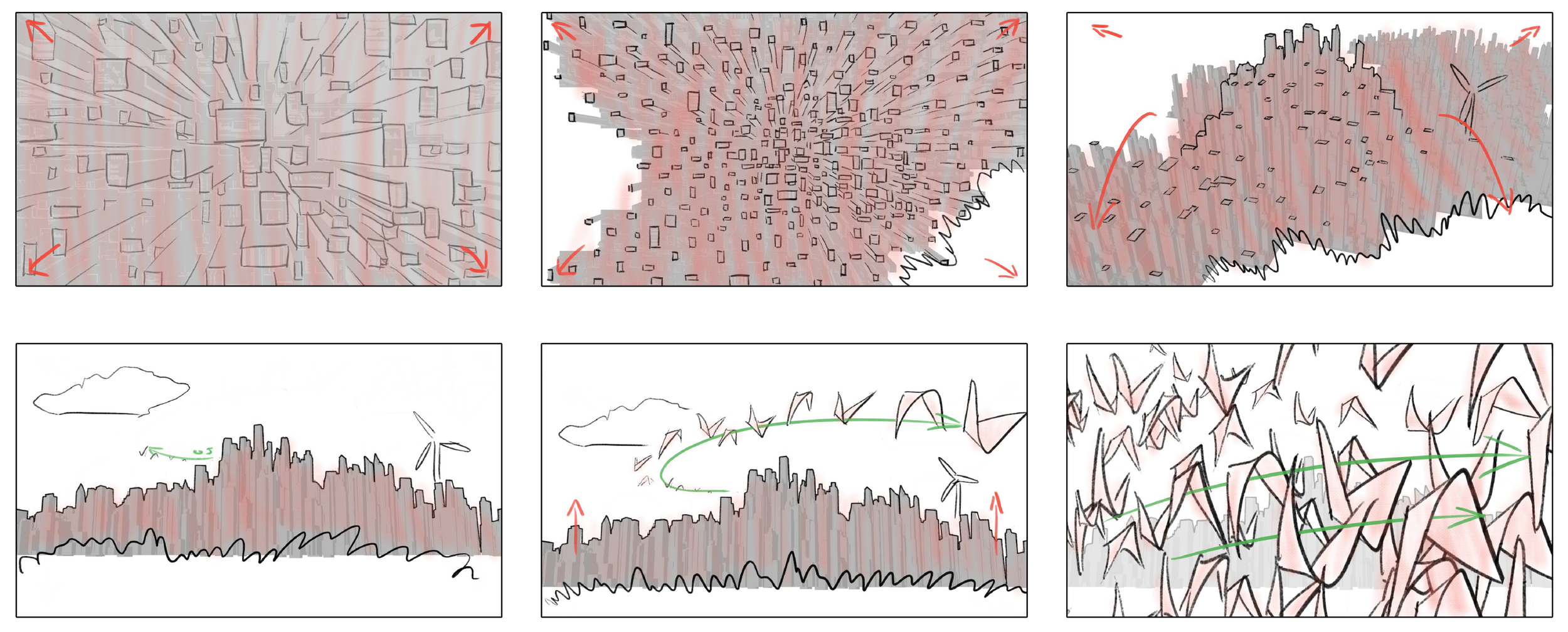 A series of six diagrams illustrating different visualizations involving lines, arrows, birds, and a city skyline with some annotations and color highlights indicating directions and movements for a Xilinx international conference animation.