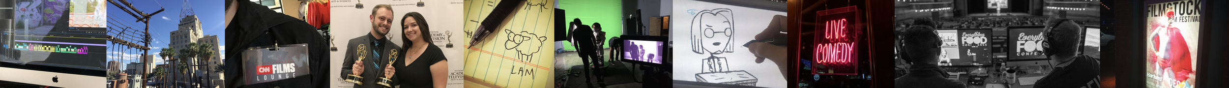 A collage of various scenes including a computer screen with editing software, city street with palm trees, award ceremony with two people holding trophies, a hand-drawn sketch of a dog on lined paper, people moving in a green room, a person drawing 