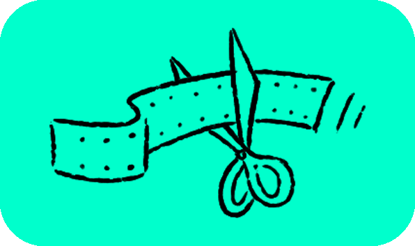 Illustration of a pair of scissors cutting a ribbon of film stock.