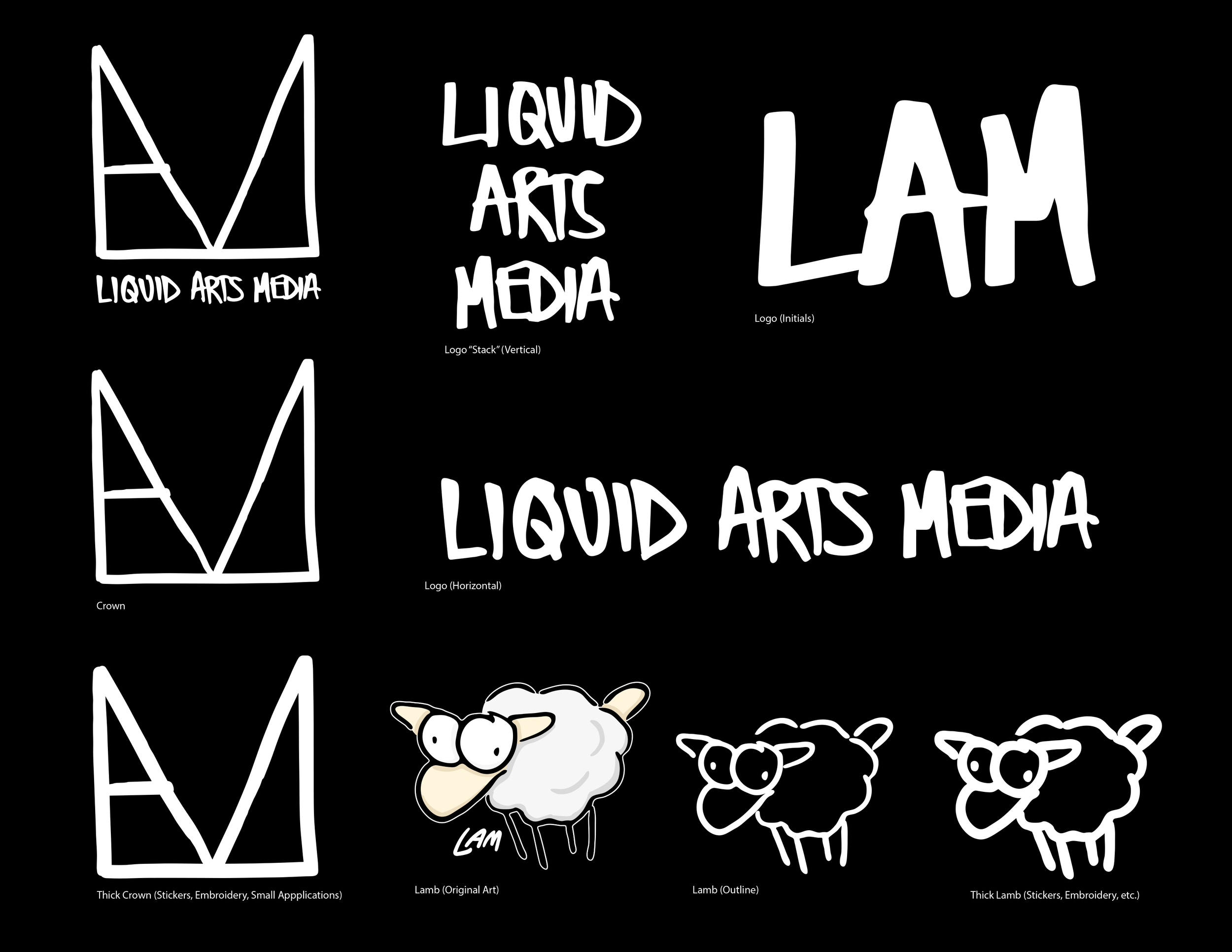 A black background with white text and sketches showing different logo design styles, including a crown, stacked vertical logo, horizontal logo, a lamb illustration, and stickers with embroidery.