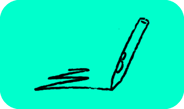 Simple black line drawing of a pencil writing on a surface with scribbles, on a teal background.