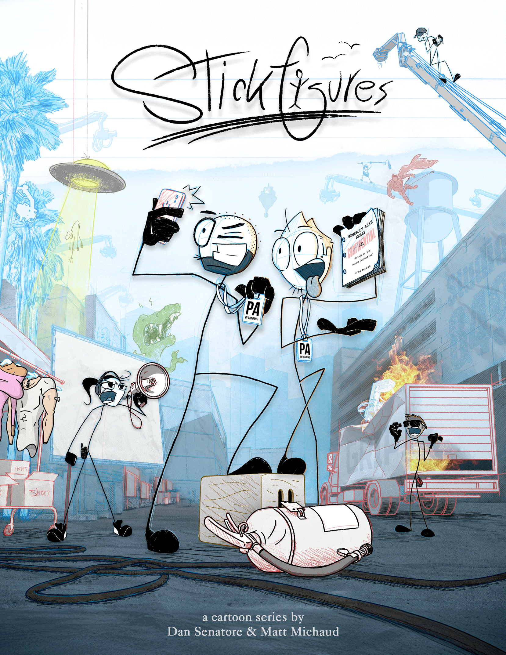 Cartoon illustration of a chaotic scene with cartoon characters, fire, and destruction, featuring a large machine, a track, and characters with TV screens and signs. Text on the image reads: 'a cartoon series by Dan Senatore & Matt Michaud.'
