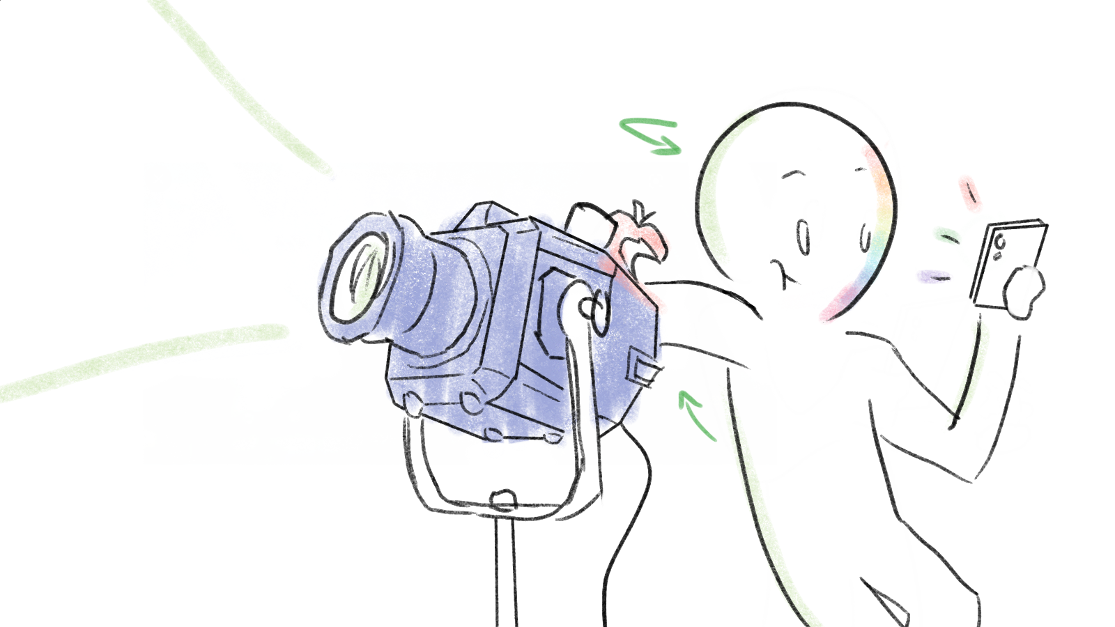 Hand-drawn illustration of a cartoon character holding a smartphone, standing in front of a professional camera on a tripod, with colorful light beams and lines indicating illumination or motion.