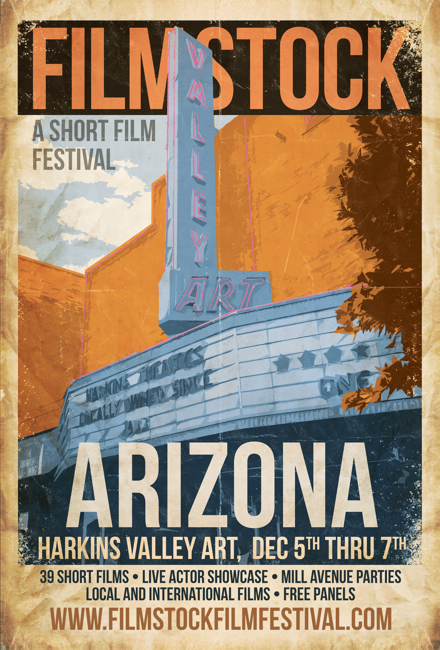 Poster for the 2023 Film Stock Arizona short film festival. Features an illustration of a vintage theater marquee and sign, with the festival dates December 5th to 7th at Harkins Valley Art. Includes details about screenings, filmmaker showcase, loca