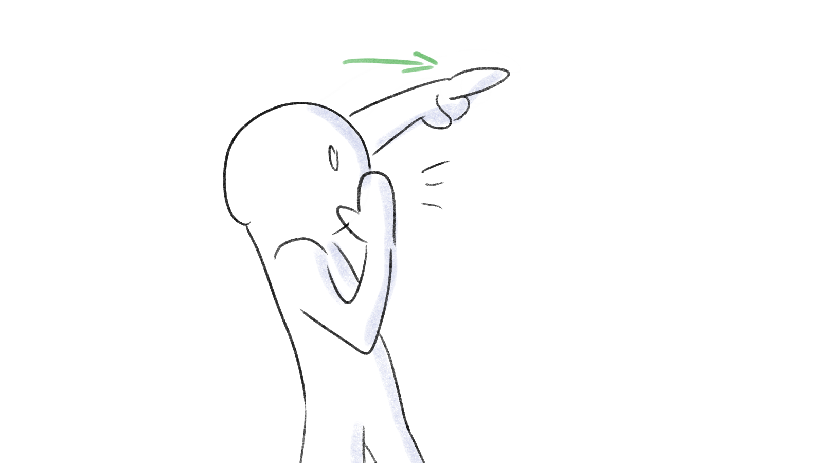 A simple sketch of a person with bald head holding a finger to their lips, signaling to be quiet.
