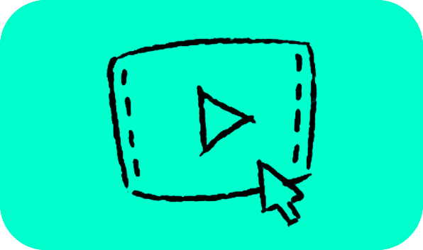 Drawing of a play button icon with a cursor arrow pointing at it on a turquoise background.