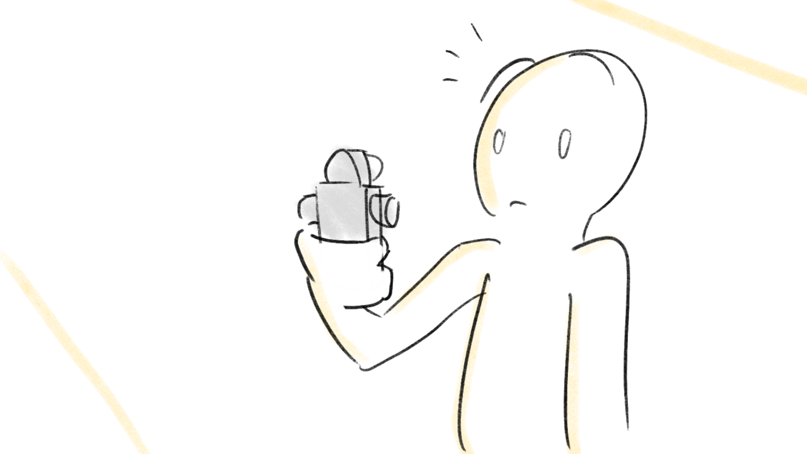 Sketch of a person with a surprised expression holding a camera or phone.