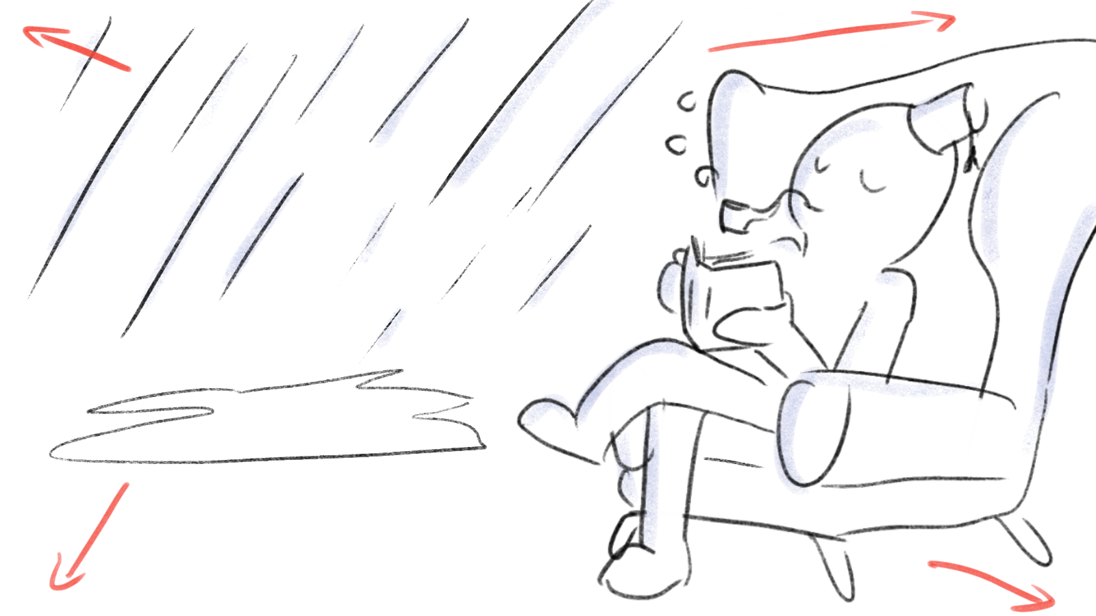 A person sitting on a chair inside a room, looking at a phone, while rain is pouring outside through a window.