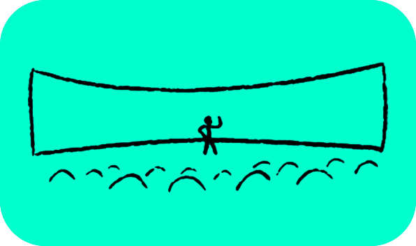 Drawing of a person waving and standing in front of a long, curved screen or structure, surrounded by a seated audience, live concert goers, or onlookers.