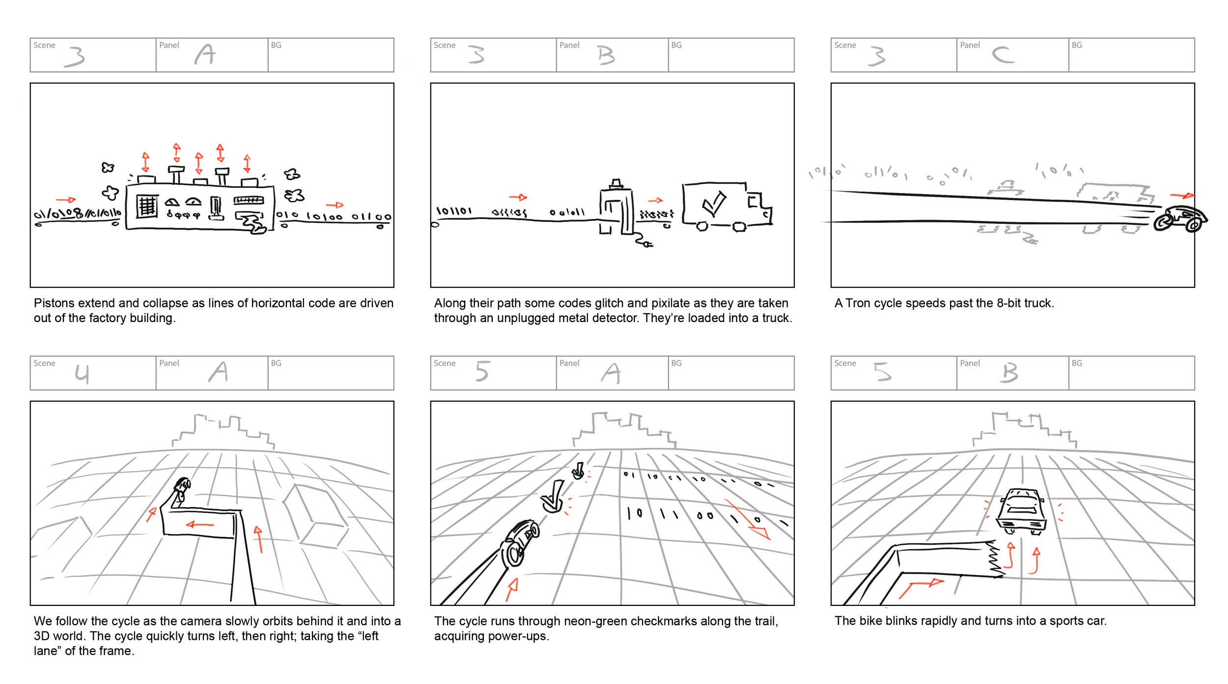 A storyboard with multiple panels illustrating a digital scene. The first panel shows a factory with exhaust smoke and airborne pistons. The second panel depicts a package being loaded into a truck with glitch effects on binary code. The third panel 