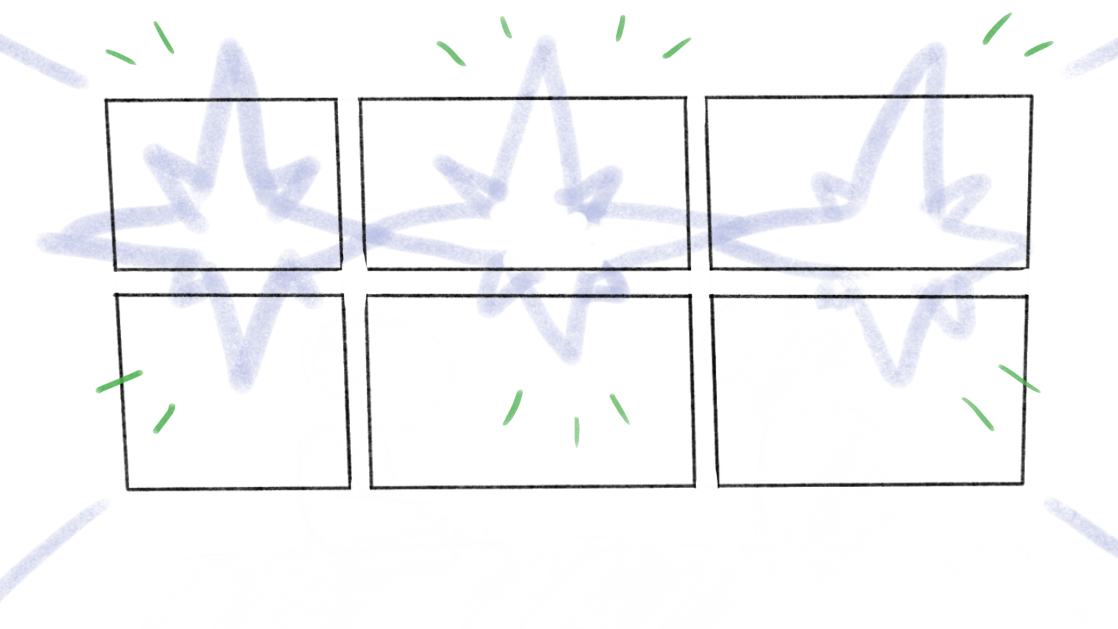 A grid of six empty square boxes with light blue star patterns behind them and green lines emanating from around the boxes.
