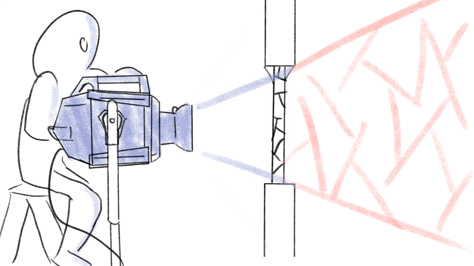 A person operating a machine that emits laser beams towards a structure with red lines forming a lattice pattern.
