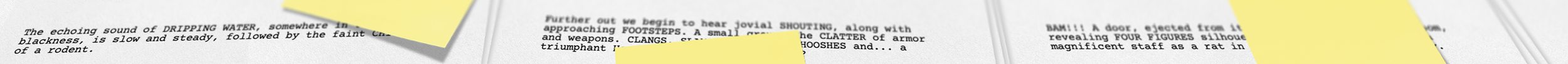 Close-up view of a printed manuscript with yellow sticky notes attached, highlighting sections of the text.