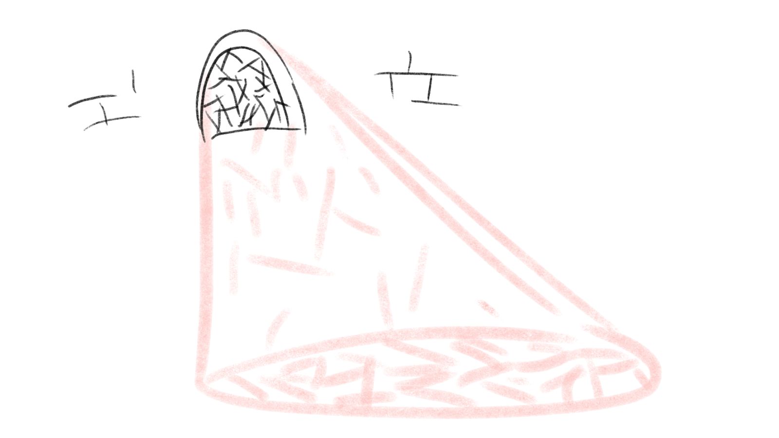 A simple sketch of a playground slide with a ladder on the left, a curved slide extending from the top, and a mesh safety enclosure at the top, drawn with pink and black lines.