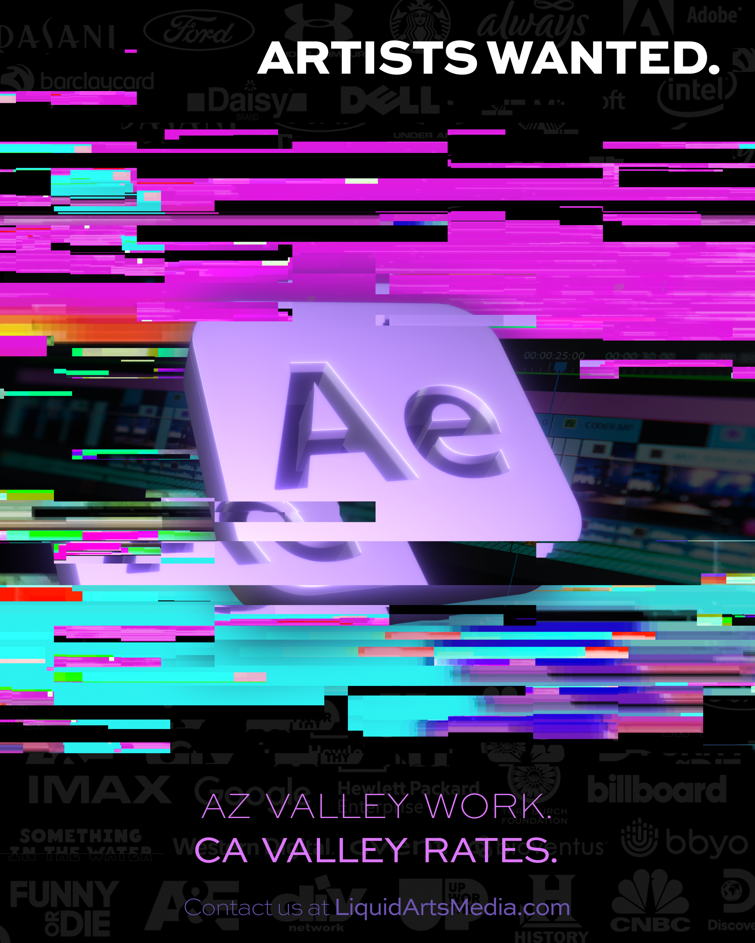 Glitch art digital image with text overlay, 'ARTISTS WANTED' in large bold white font, and a promotional message about gallery rates at LiquidArtsMedia.com. Background shows various logos and media icons distorted by digital glitch effects.