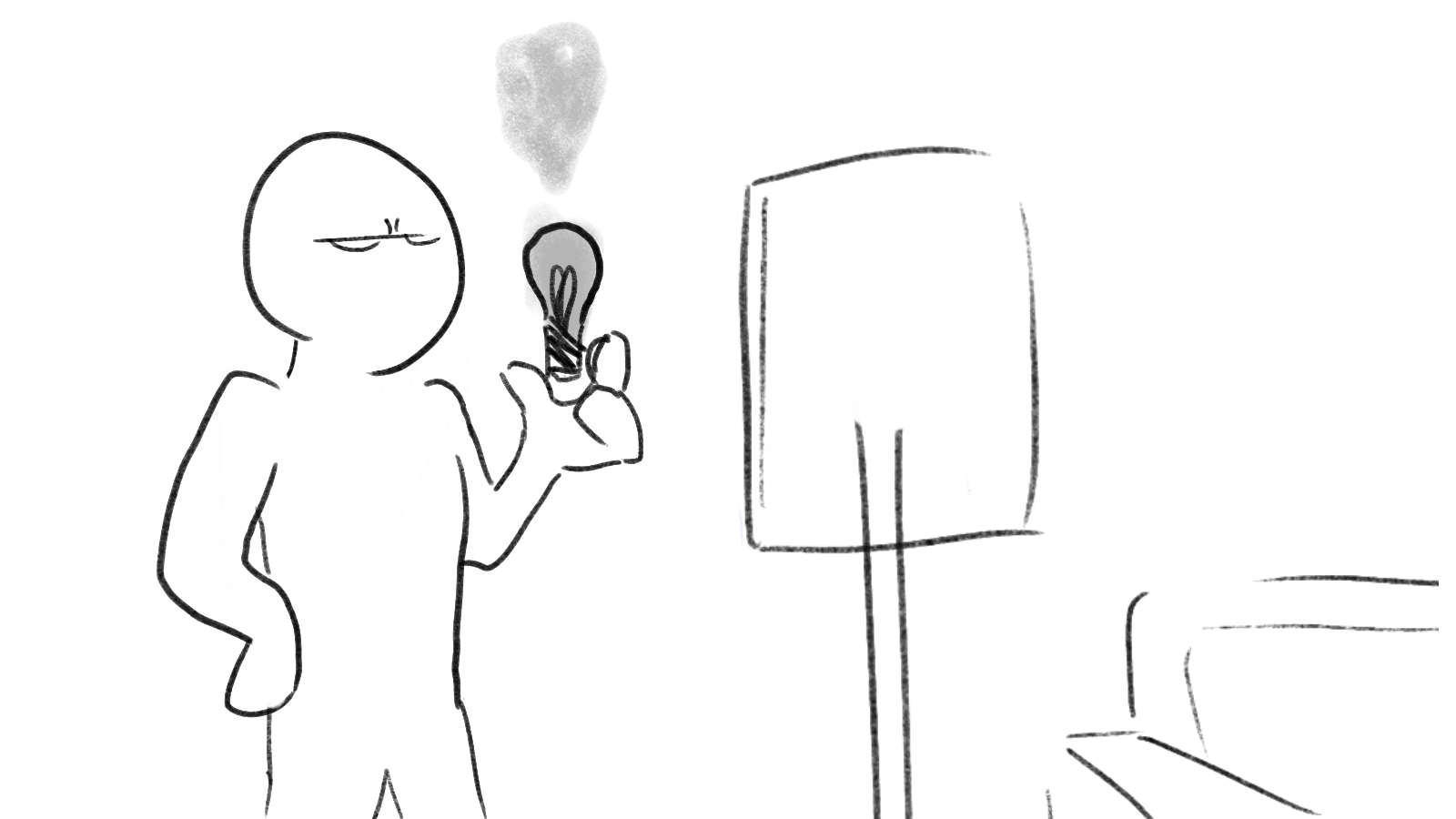 A simple black-and-white sketch of a person with a neutral expression, holding a lightbulb in one hand in front of a television and a couch.