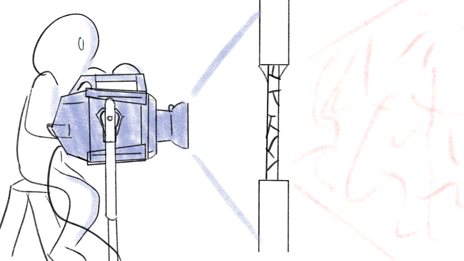 Sketch of a person operating a camera on a tripod, with a sunset or sunrise background.