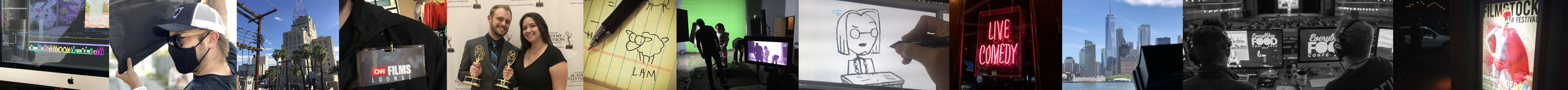 A collage of scenes from a film production and festival, including a person wearing a hat and mask at a computer, a city street with palm trees, people at an award event, animation drawings, a film set with camera crew, a neon sign reading "LIVE COME