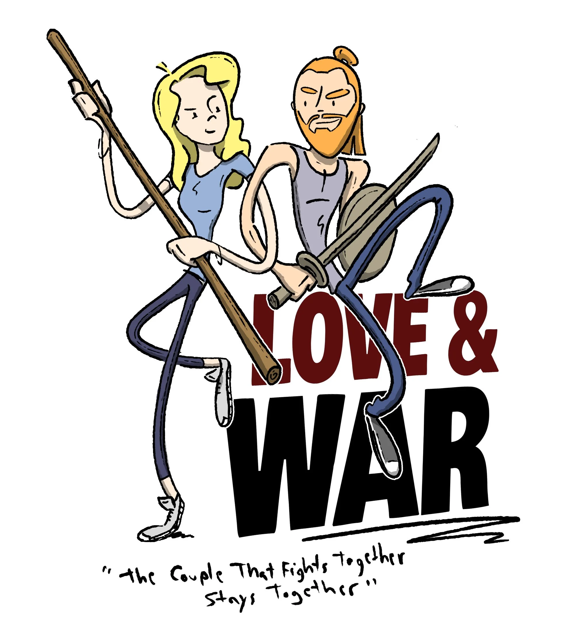 A cartoon illustration of a couple, a woman with long blonde hair holding a staff and a man with a beard and bun holding a sword, together against a white background with text that reads 'Love & War'.
