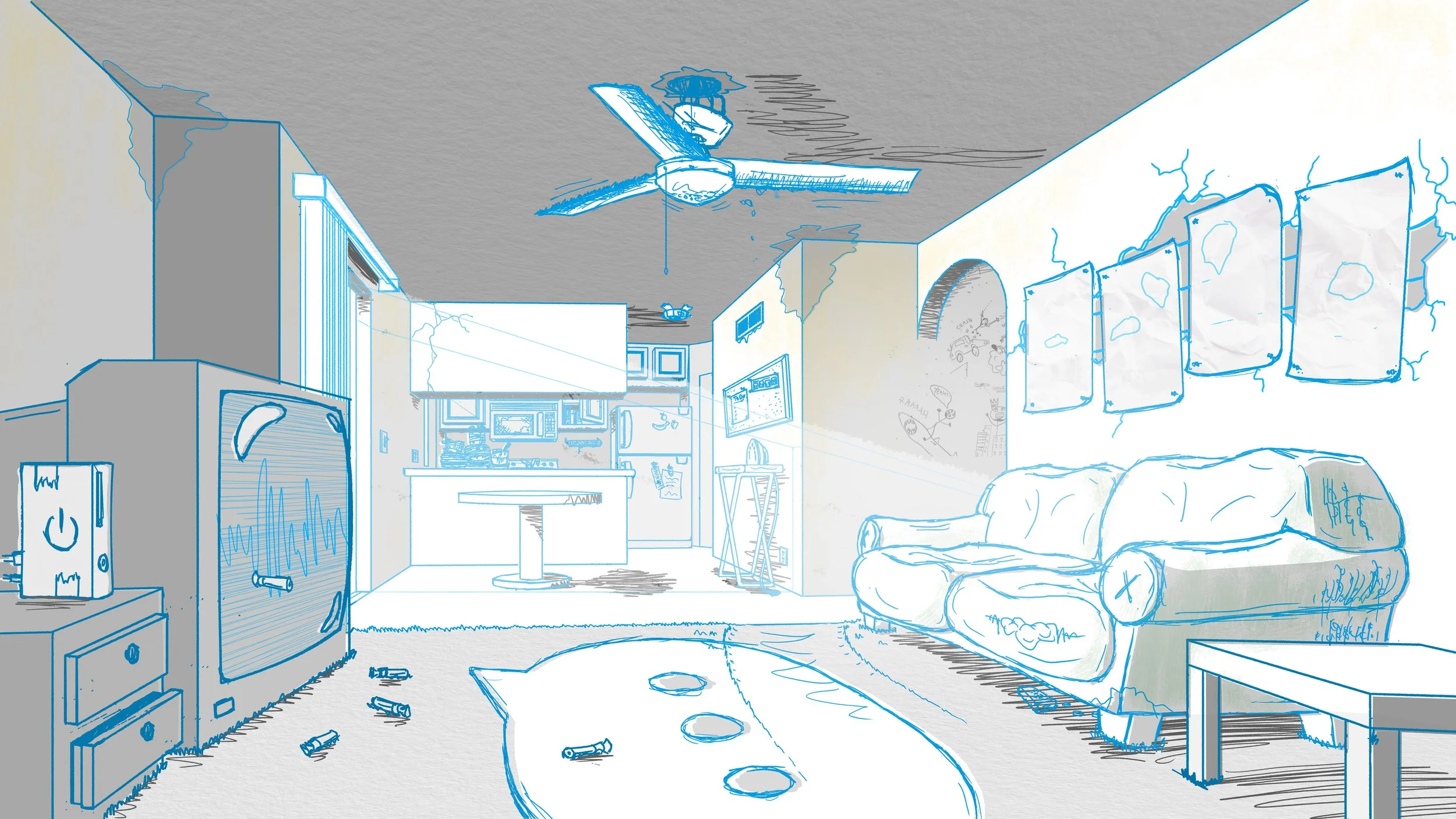 A line drawing of a cluttered living room with a couch, coffee table, TV, and kitchen area in the background, featuring scattered objects and doodles on the wall.