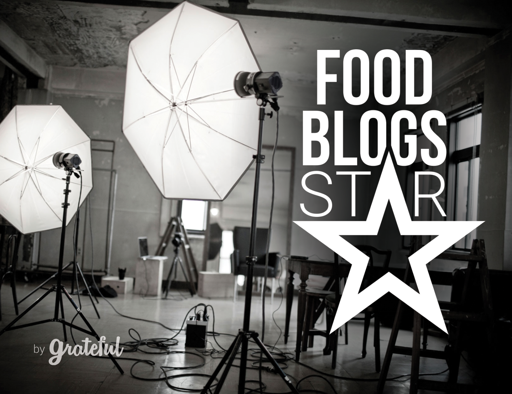 A photography studio setup with two large umbrellas and studio lights, and a logo overlay that reads 'Food Blogs Star' with a star graphic, and the words 'by grateful' in the lower left corner.