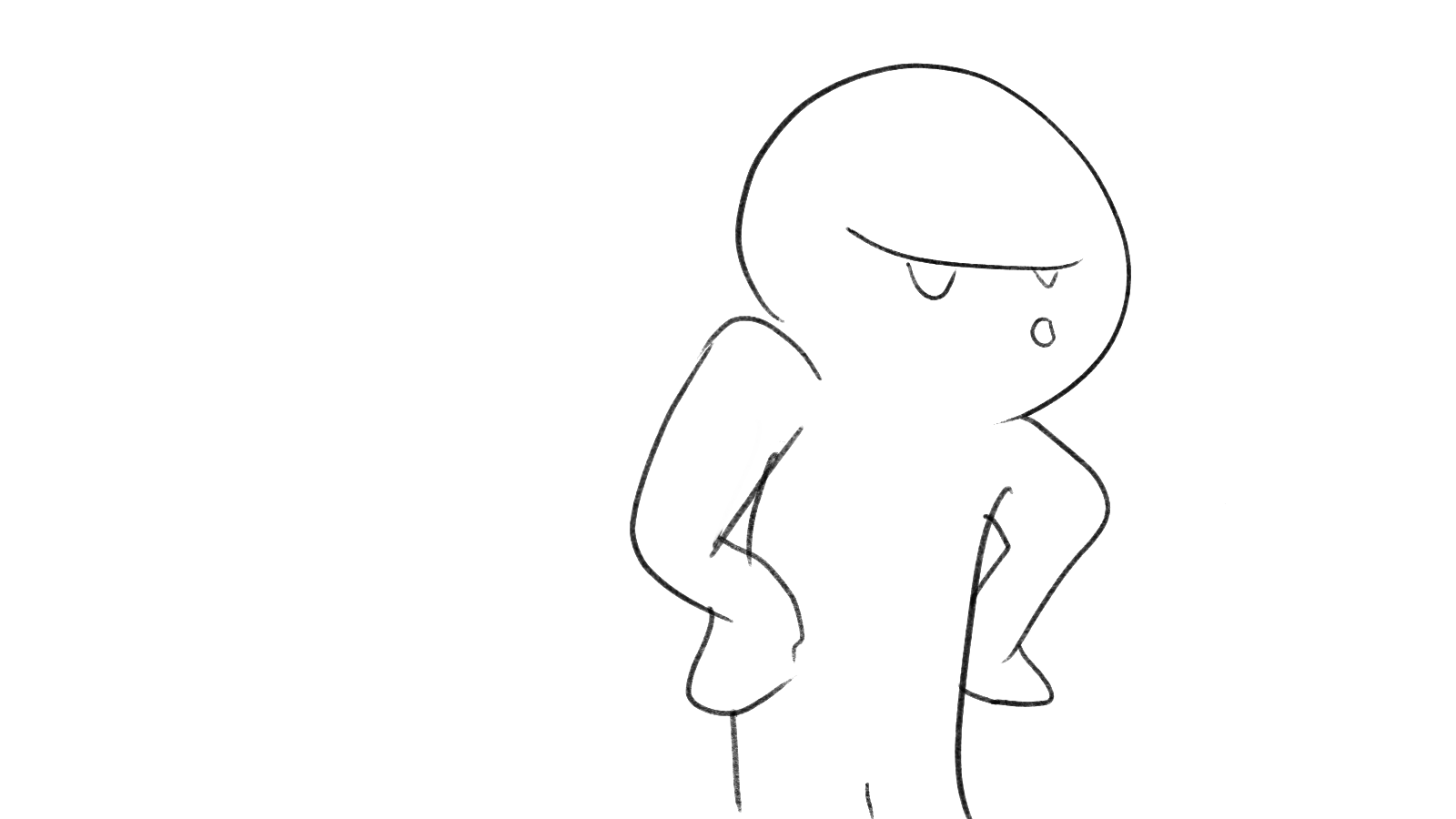A simple black and white line drawing of a cartoon character with a large head, closed eyes, and a small open mouth, standing with hands on hips and a slightly hunched posture.