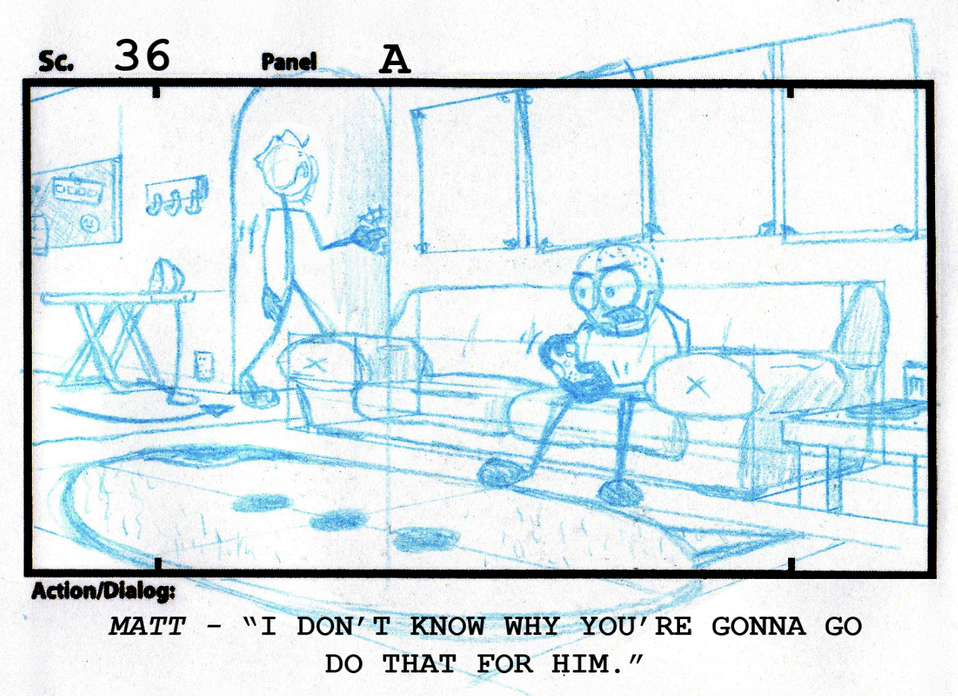 Rough sketch of a scene with two animated characters in a living room. One character is sitting on a couch playing a game console, and the other character is standing and smiling. The room has large windows, a coffee table, and some artwork on the wa