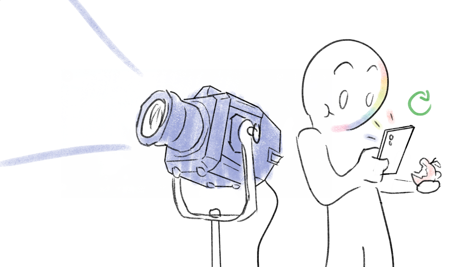 A cartoon person taking photos with a camera and looking at their phone, smiling, with a steaming cup in their other hand.