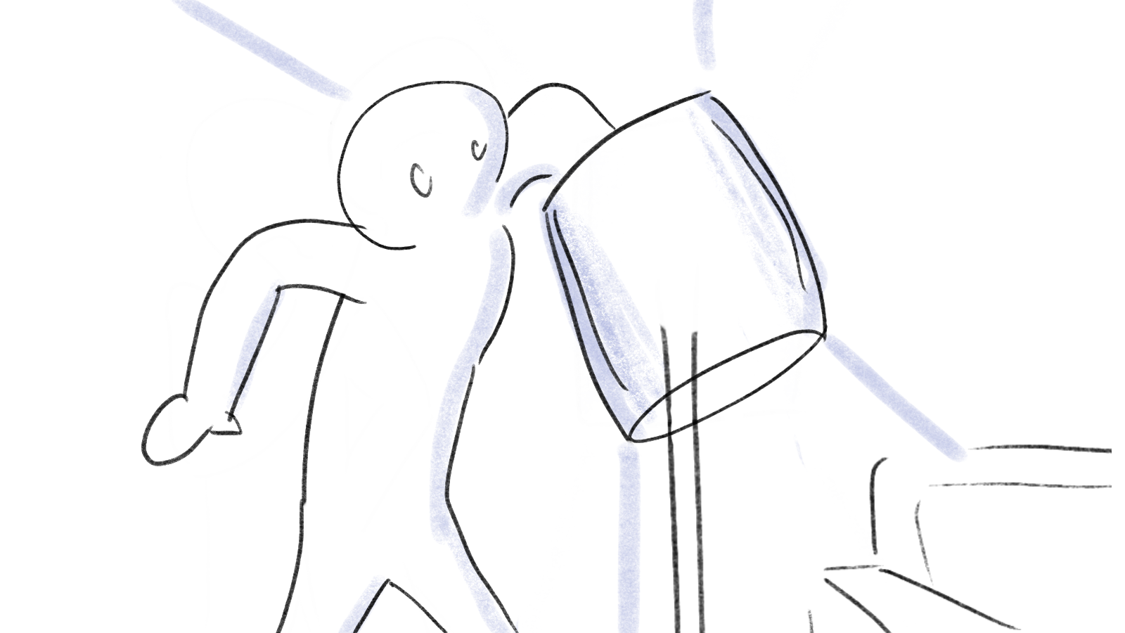 A simple line drawing of a person carrying a large bucket, possibly in a kitchen or laundry room.