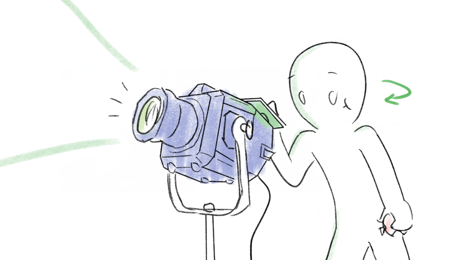 A cartoon drawing of a person smiling and looking through a vintage movie camera. The person appears to be excited or happy.