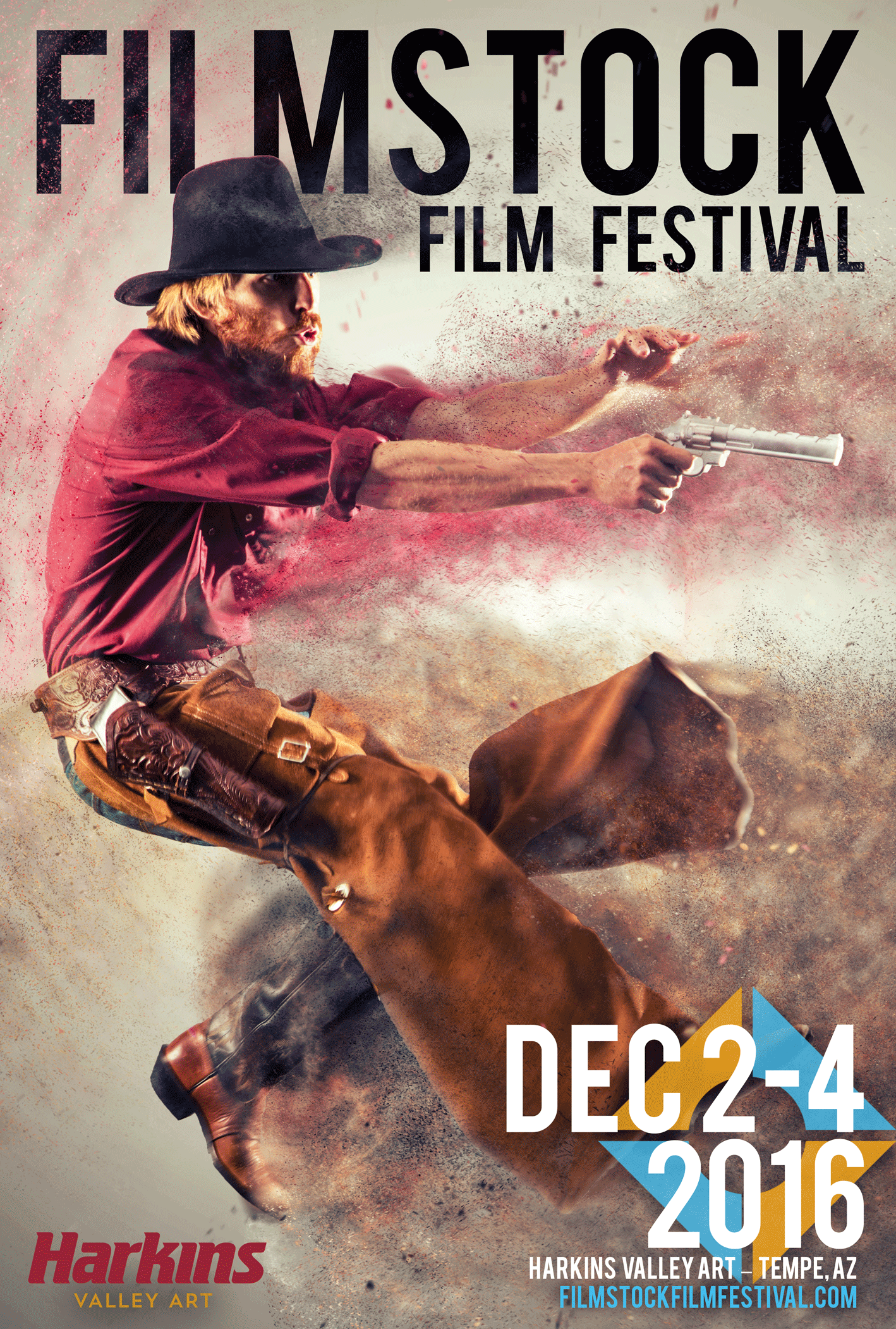 Promotional poster for Filmstock Film Festival with a cowboy, wearing a black hat and red shirt, with the festival dates December 2-4, 2016, at Harkins Valley Art in Tempe, Arizona. The poster features a dynamic, dusty background with splashes of col