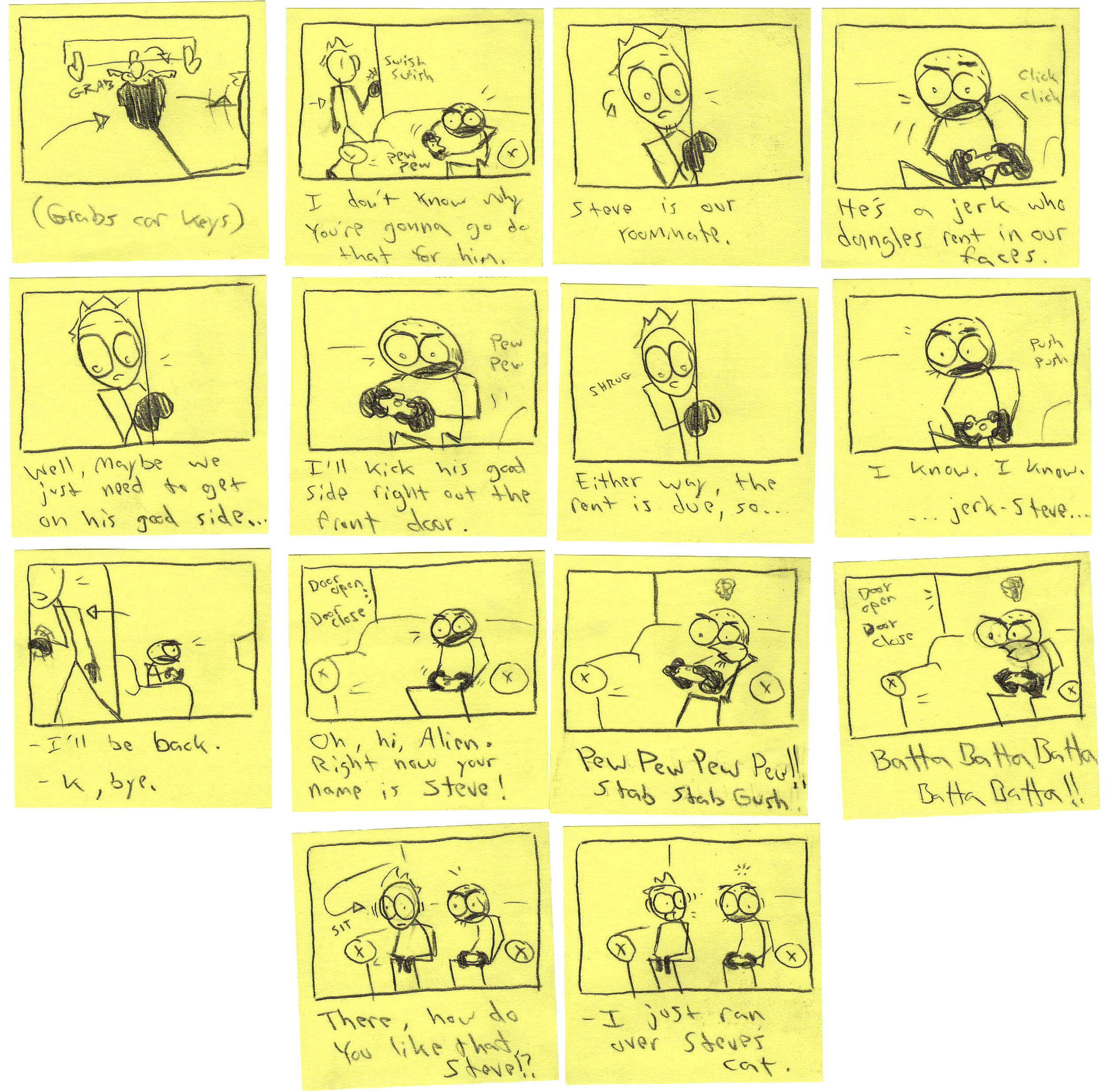 A comic strip hand-drawn in yellow on sticky notes, illustrating a scenario where a person searches for car keys, uses a keyless entry button, and interacts with a roommate named Steve about a rent issue and a computer game.