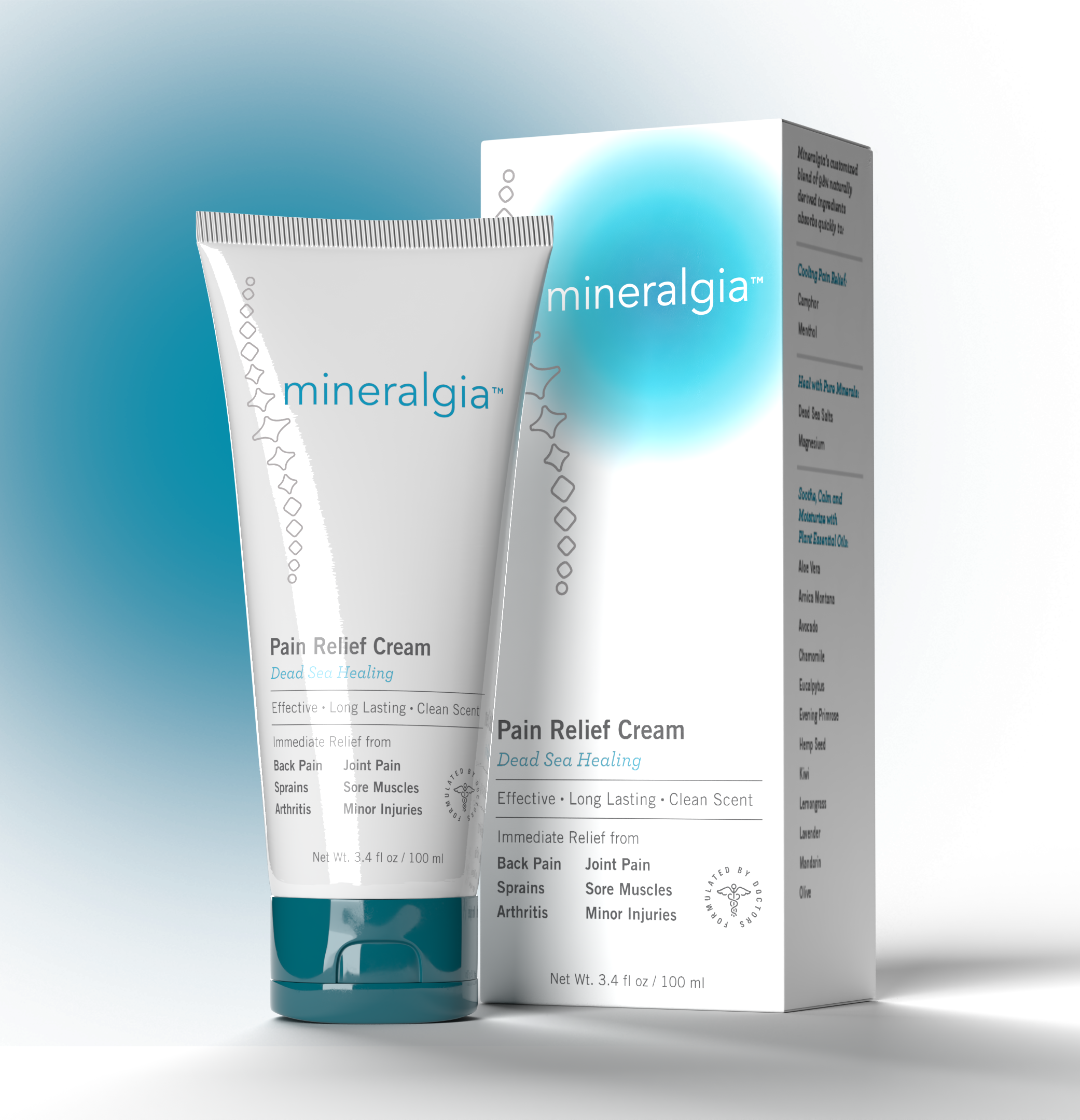 A tube of mineralgia pain relief cream and its box packaging. The box features a blue gradient background with white text describing the product as effective, long-lasting, and with a clean scent, offering immediate relief from back pain, joint pain,