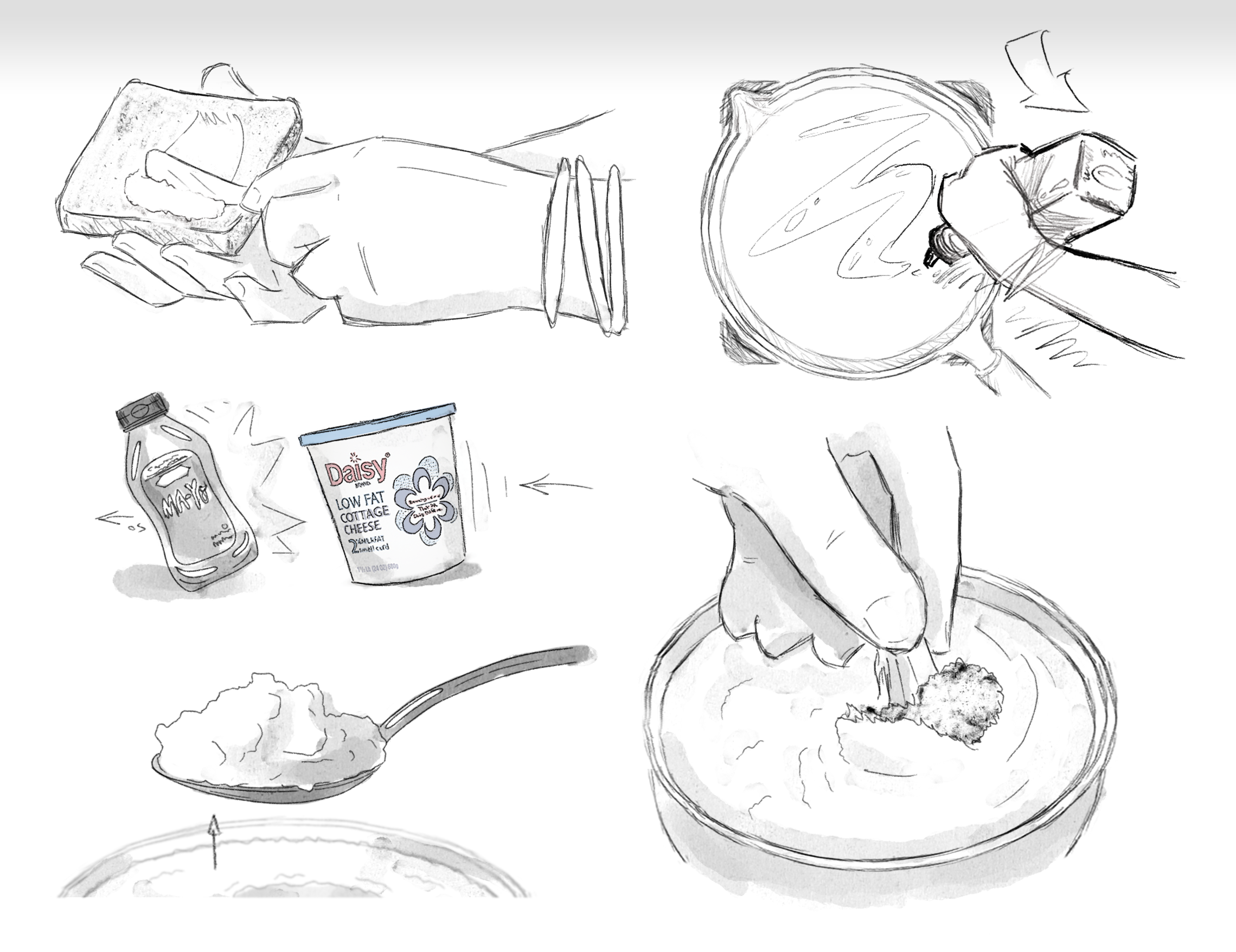 Sketch of a meal setting with various food items including a container of low-fat cottage cheese, a bag of mayonnaise, a plate with a piece of fried chicken, and a beverage bottle.