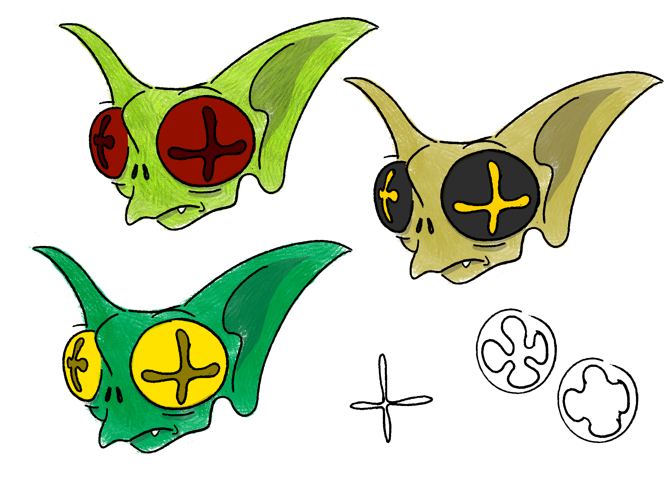 Drawing of a goblin character concept, colored in green, with red eyes and yellow markings, with an additional black and yellow skull and some white shapes.