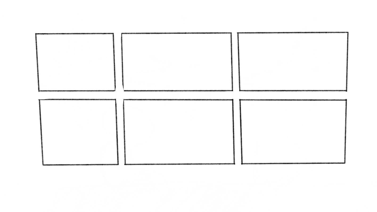 Six empty hand-drawn squares arranged in two rows of three, with a horizontal line separating the two rows.