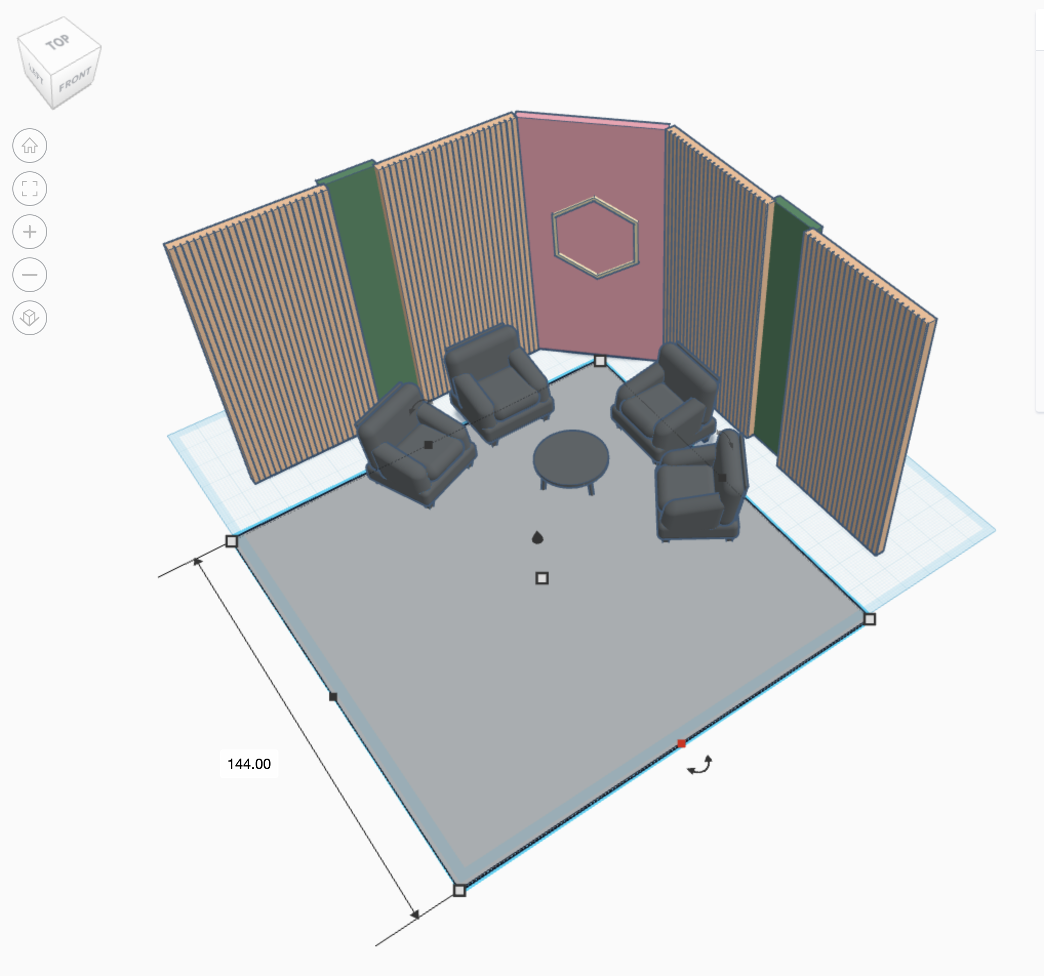 3D design of interior room layout with pink walls, hexagon decoration, wooden slat partitions, and black armchairs arranged around a small round table.
